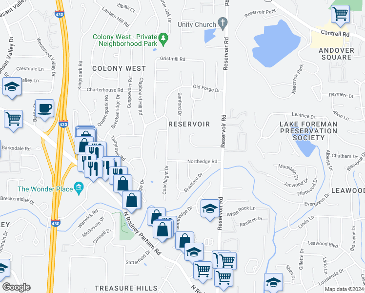 map of restaurants, bars, coffee shops, grocery stores, and more near 1713 Sanford Drive in Little Rock
