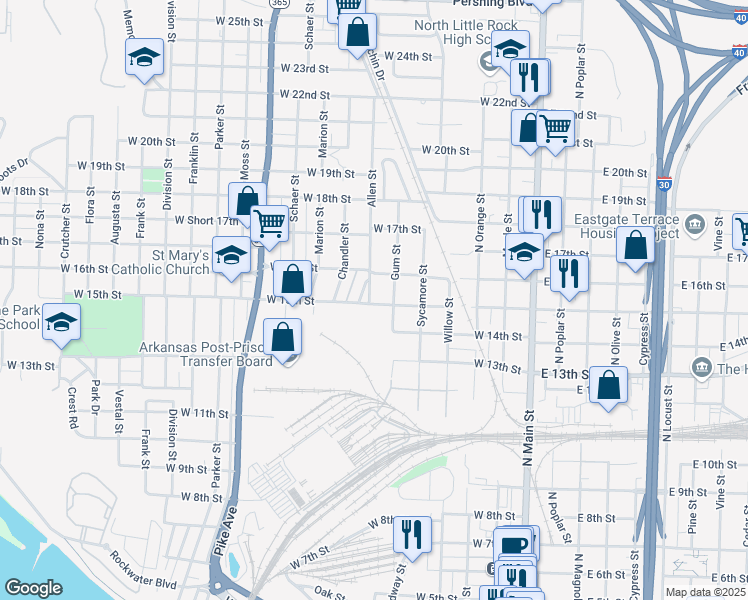 map of restaurants, bars, coffee shops, grocery stores, and more near 1500 Allen Street in North Little Rock