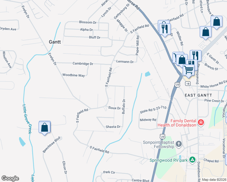 map of restaurants, bars, coffee shops, grocery stores, and more near 1008 Cherokee Drive in Greenville