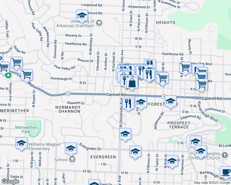 map of restaurants, bars, coffee shops, grocery stores, and more near 6112 Cantrell Road in Little Rock