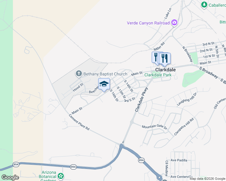 map of restaurants, bars, coffee shops, grocery stores, and more near 1510 1st South Street in Clarkdale