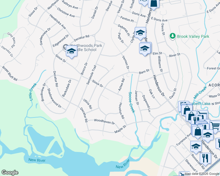 map of restaurants, bars, coffee shops, grocery stores, and more near 517 Sioux Drive in Jacksonville