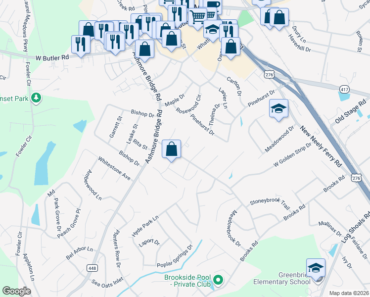 map of restaurants, bars, coffee shops, grocery stores, and more near 2 Woodbend Court in Mauldin