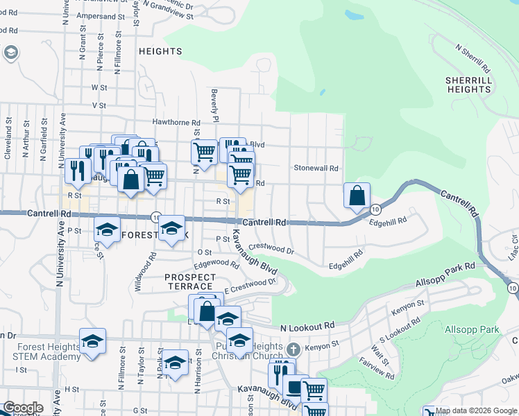 map of restaurants, bars, coffee shops, grocery stores, and more near 1812 North Monroe Street in Little Rock