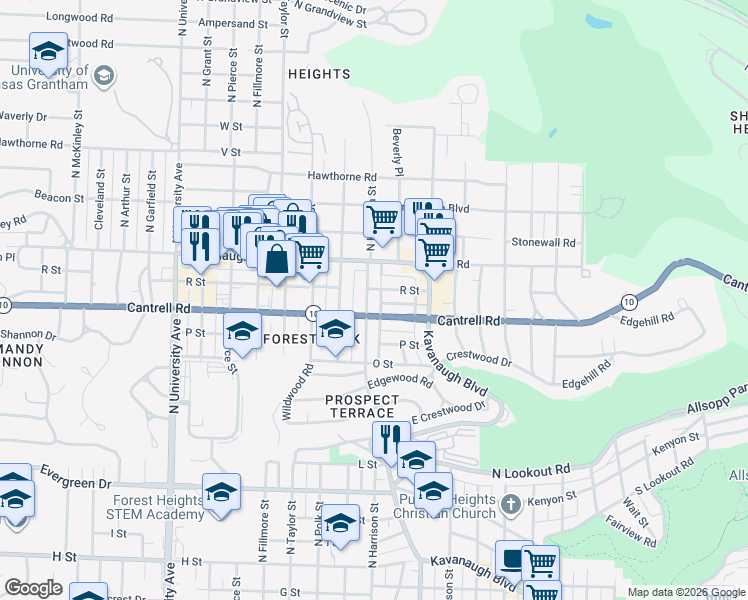 map of restaurants, bars, coffee shops, grocery stores, and more near 1810 North Harrison Street in Little Rock