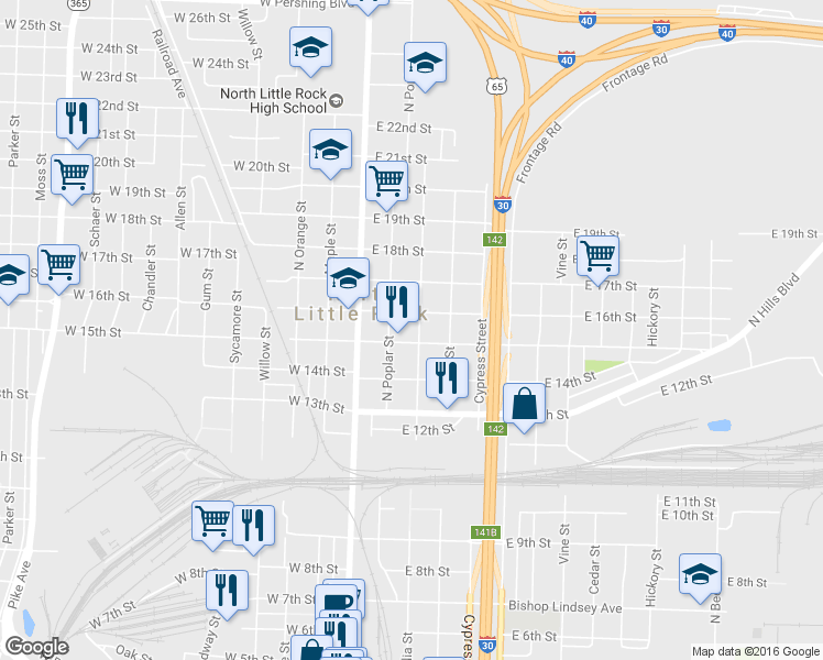 map of restaurants, bars, coffee shops, grocery stores, and more near 1515 North Magnolia Street in North Little Rock