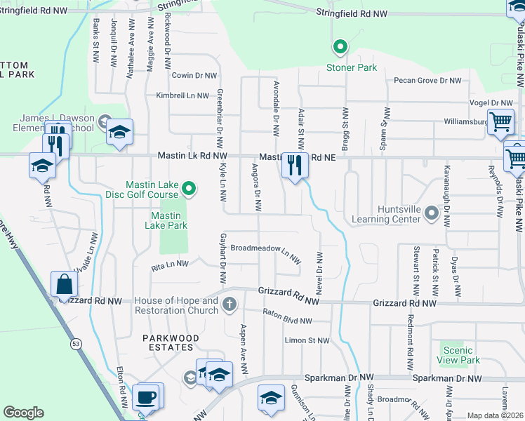 map of restaurants, bars, coffee shops, grocery stores, and more near 3400 Angora Drive Northwest in Huntsville