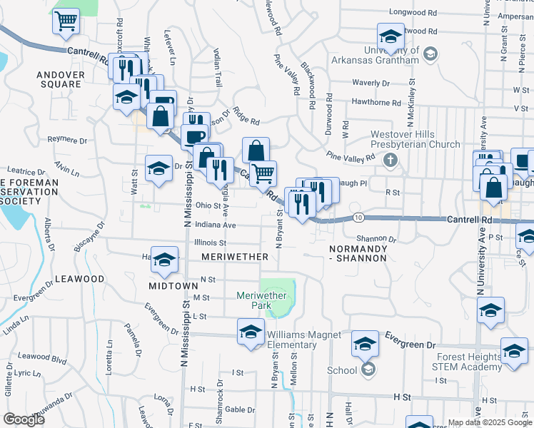 map of restaurants, bars, coffee shops, grocery stores, and more near 1906 North Bryant Street in Little Rock