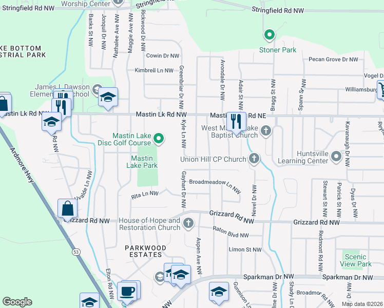 map of restaurants, bars, coffee shops, grocery stores, and more near 3401 Rosedale Drive Northwest in Huntsville