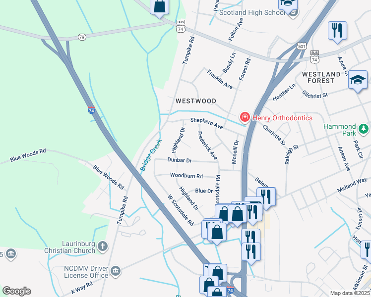 map of restaurants, bars, coffee shops, grocery stores, and more near 1203 Wells Circle in Laurinburg