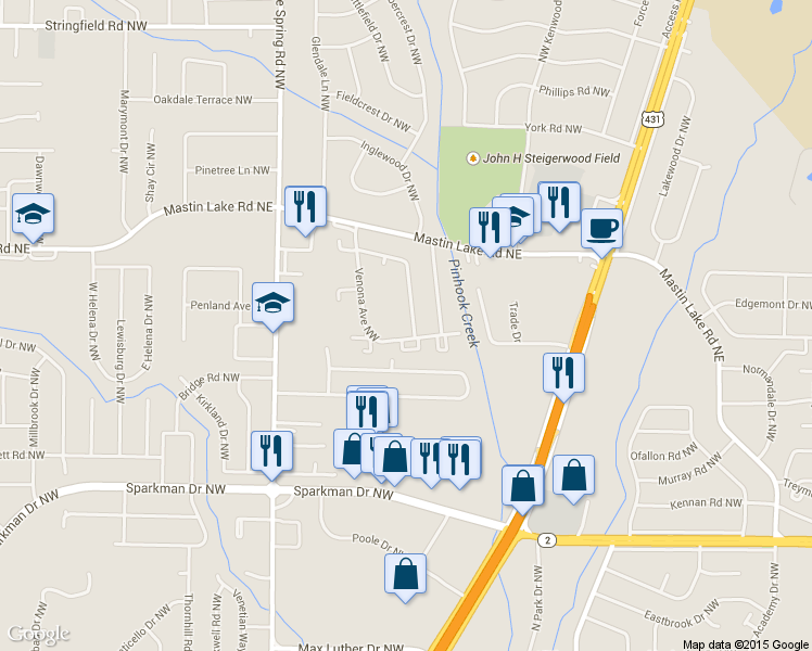 map of restaurants, bars, coffee shops, grocery stores, and more near 3402 Glen Park Dr NW in Huntsville