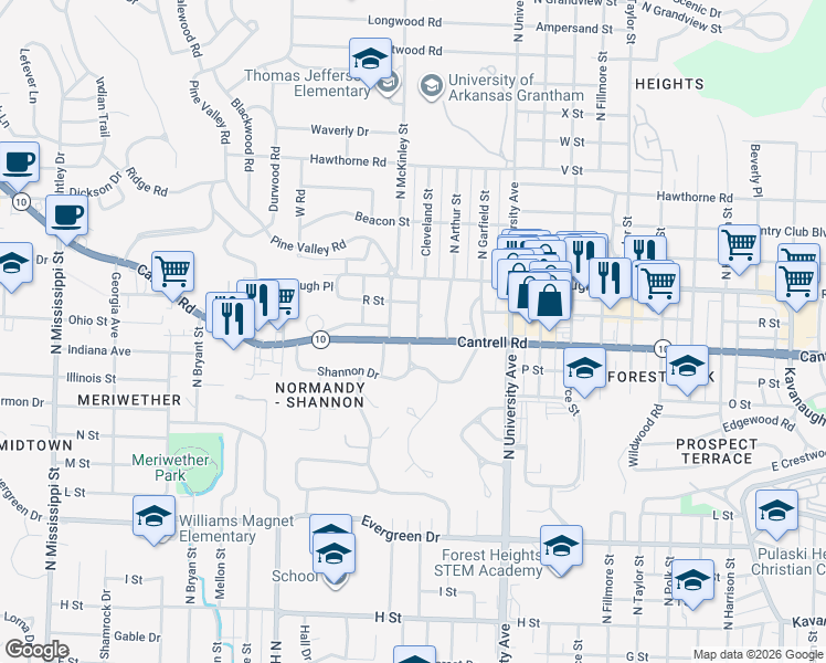 map of restaurants, bars, coffee shops, grocery stores, and more near 6400c Cantrell Road in Little Rock