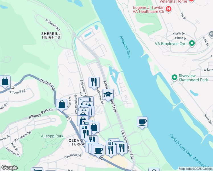 map of restaurants, bars, coffee shops, grocery stores, and more near 2101 Riverfront Drive in Little Rock