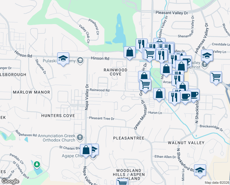 map of restaurants, bars, coffee shops, grocery stores, and more near 12015 Rainwood Road in Little Rock