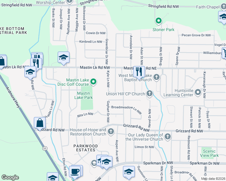 map of restaurants, bars, coffee shops, grocery stores, and more near 3401 Rosedale Drive Northwest in Huntsville