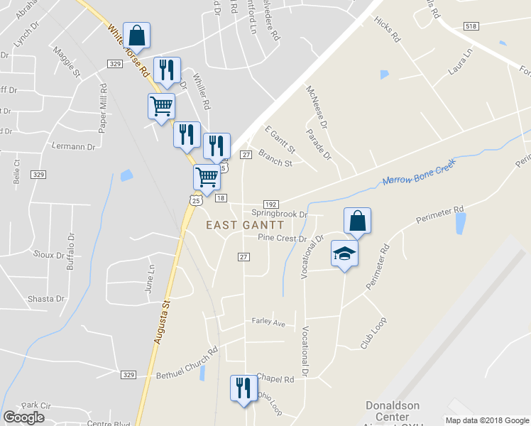 map of restaurants, bars, coffee shops, grocery stores, and more near 70 Springbrook Drive in Greenville