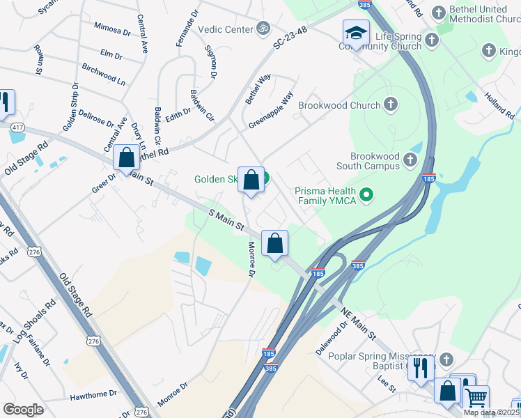 map of restaurants, bars, coffee shops, grocery stores, and more near 1802 Northeast Main Street in Simpsonville