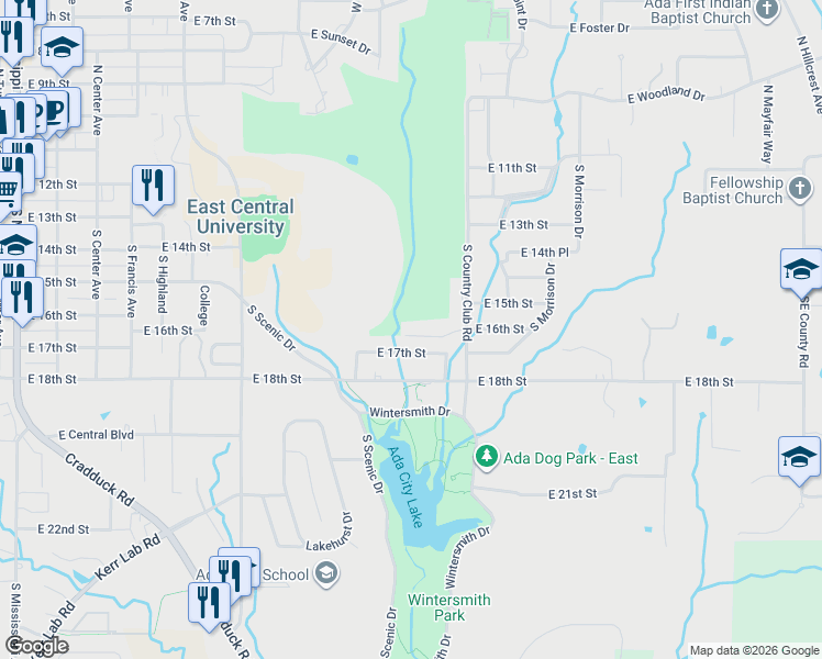 map of restaurants, bars, coffee shops, grocery stores, and more near 1244 Winged Foot Drive in Ada