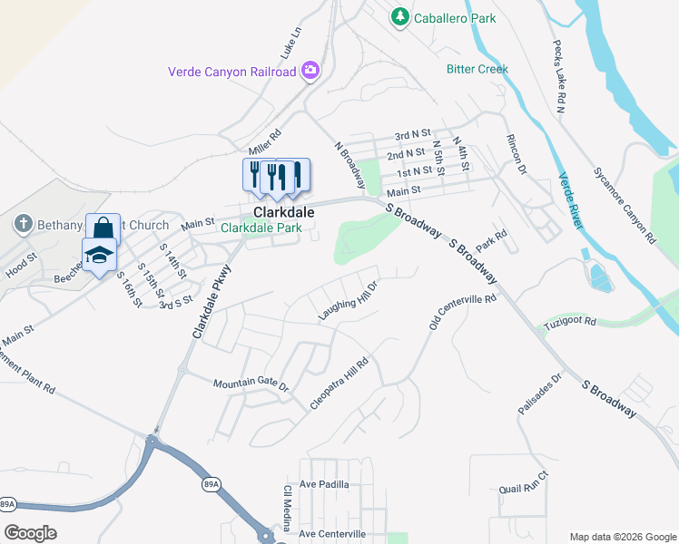 map of restaurants, bars, coffee shops, grocery stores, and more near 278 Whistle Stop Road in Clarkdale