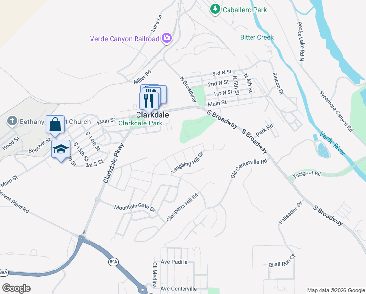 map of restaurants, bars, coffee shops, grocery stores, and more near 462 Tin Horn Lane in Clarkdale