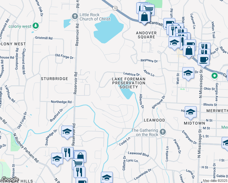 map of restaurants, bars, coffee shops, grocery stores, and more near 4 Foreman Court in Little Rock