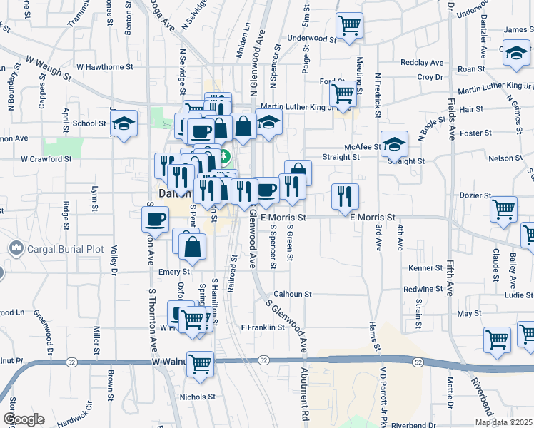 map of restaurants, bars, coffee shops, grocery stores, and more near 400 South Spencer Street in Dalton