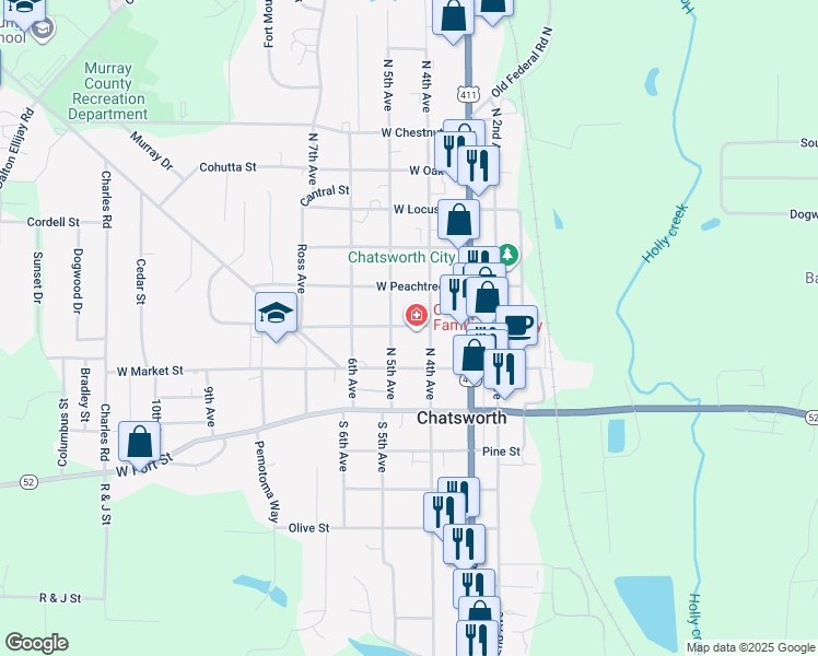 map of restaurants, bars, coffee shops, grocery stores, and more near 214 West Cherokee Street in Chatsworth