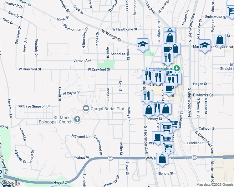 map of restaurants, bars, coffee shops, grocery stores, and more near 601 Murray Hill Drive in Dalton
