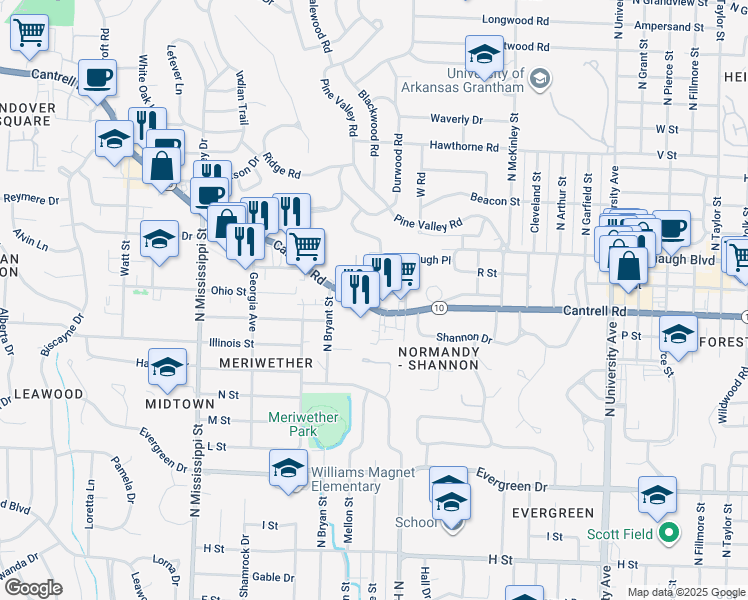 map of restaurants, bars, coffee shops, grocery stores, and more near 6820 Cantrell Road in Little Rock