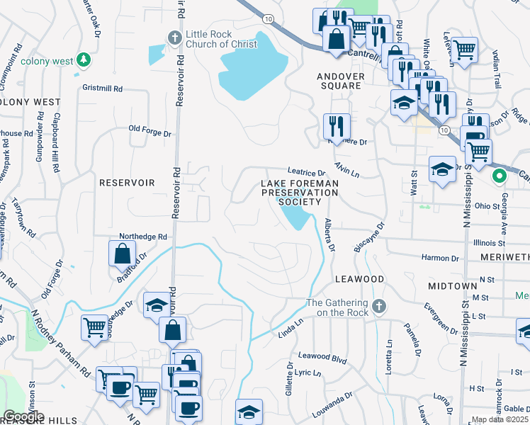 map of restaurants, bars, coffee shops, grocery stores, and more near 4 Foreman Court in Little Rock