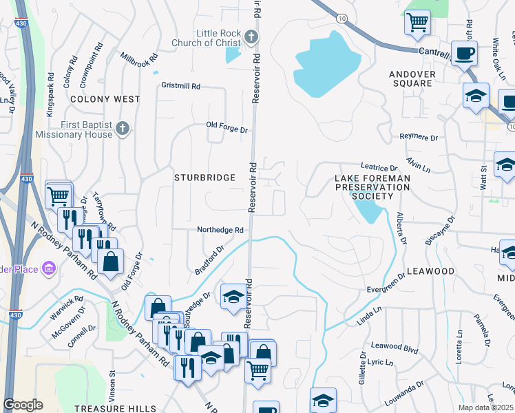 map of restaurants, bars, coffee shops, grocery stores, and more near 1812 Reservoir Road in Little Rock