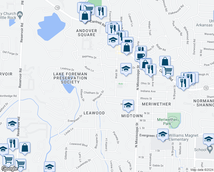 map of restaurants, bars, coffee shops, grocery stores, and more near 1817 Biscayne Drive in Little Rock