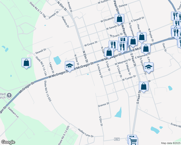 map of restaurants, bars, coffee shops, grocery stores, and more near 203 South Elm Street in Pageland