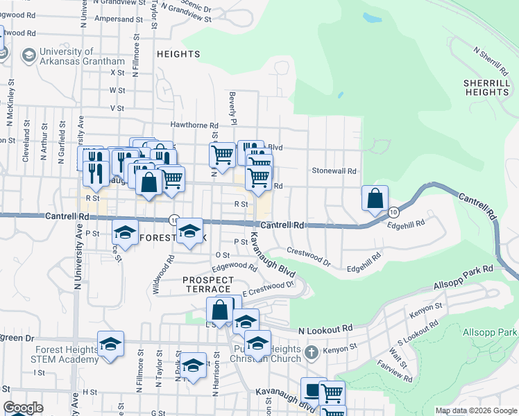 map of restaurants, bars, coffee shops, grocery stores, and more near 4910 Kavanaugh Boulevard in Little Rock