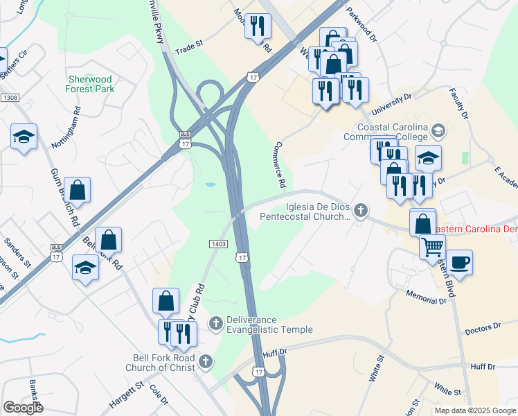 map of restaurants, bars, coffee shops, grocery stores, and more near 706 Country Club Road in Jacksonville