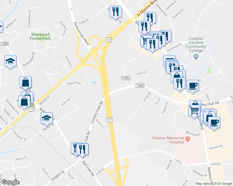 map of restaurants, bars, coffee shops, grocery stores, and more near 706 Country Club Road in Jacksonville
