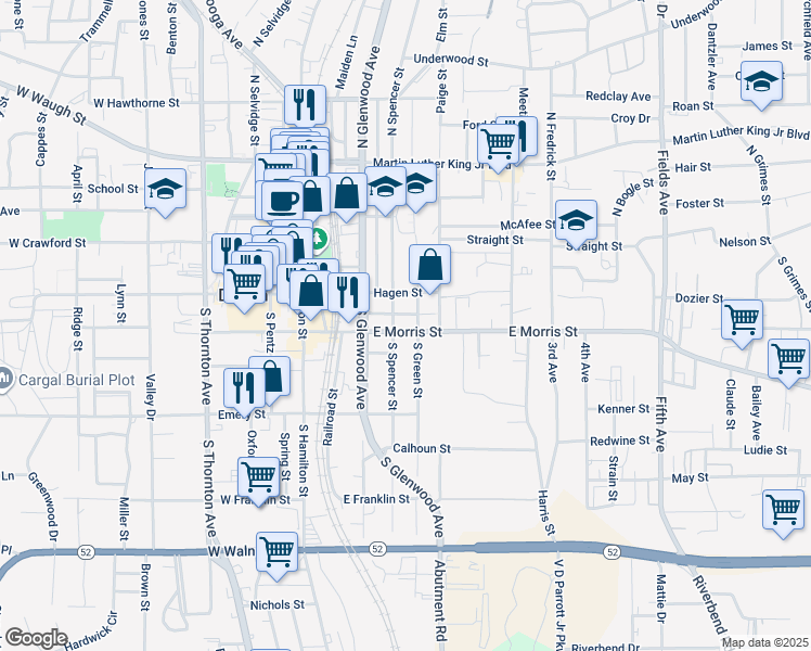 map of restaurants, bars, coffee shops, grocery stores, and more near 400-424 S Spencer St in Dalton