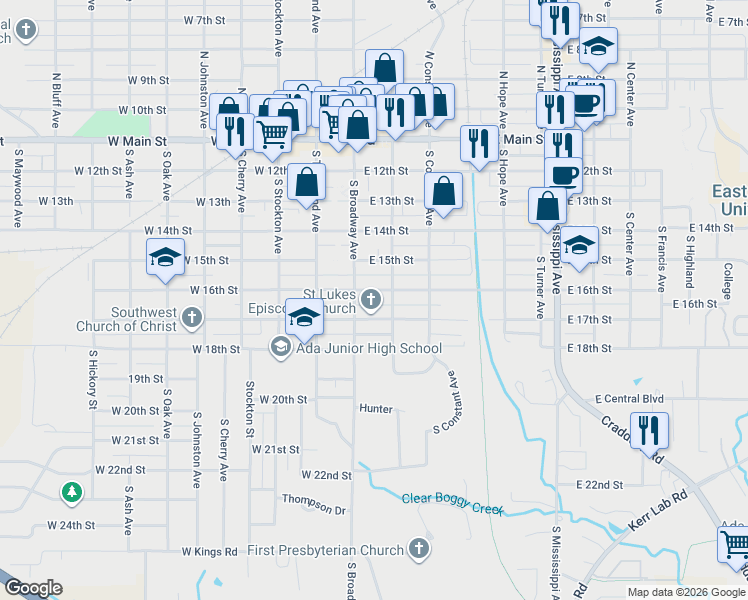 map of restaurants, bars, coffee shops, grocery stores, and more near 110 East 17th Street in Ada