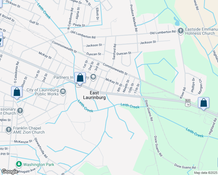 map of restaurants, bars, coffee shops, grocery stores, and more near 8 6th Street in Laurinburg