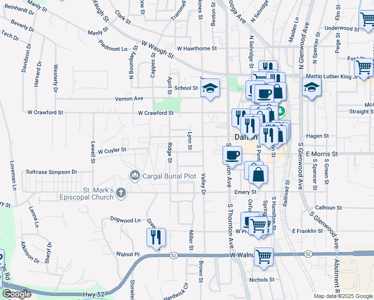 map of restaurants, bars, coffee shops, grocery stores, and more near 601 Murray Hill Drive in Dalton