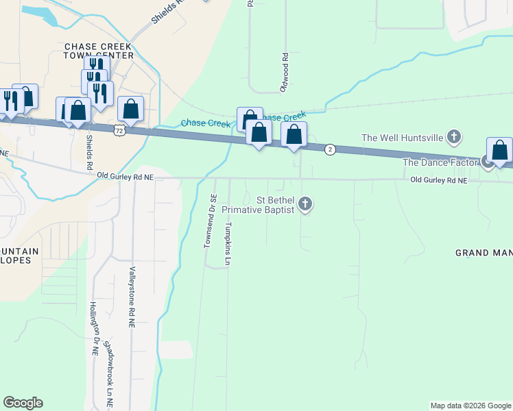 map of restaurants, bars, coffee shops, grocery stores, and more near 155 Gingers Lane in Huntsville