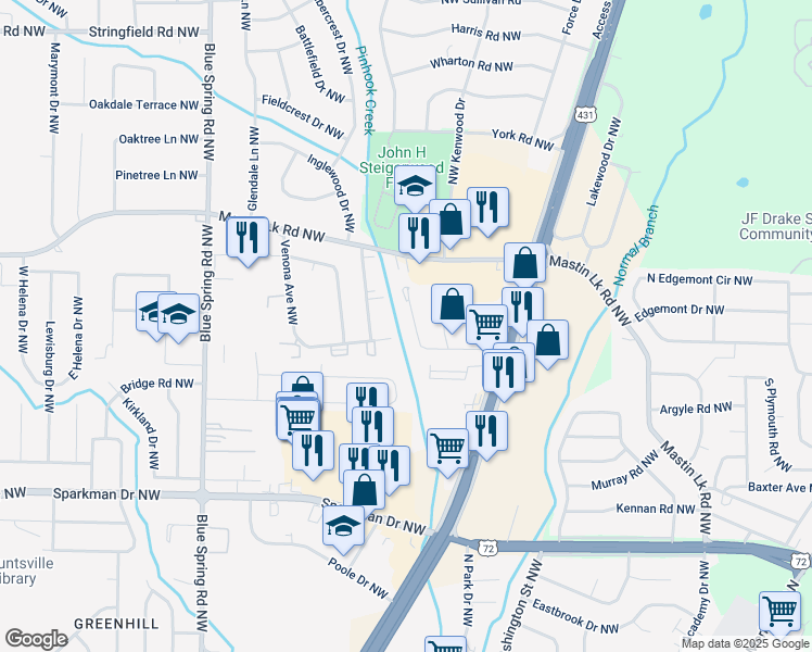 map of restaurants, bars, coffee shops, grocery stores, and more near 2214 Jonathan Drive Northwest in Huntsville