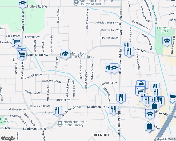 map of restaurants, bars, coffee shops, grocery stores, and more near 3211 Lewisburg Drive Northwest in Huntsville