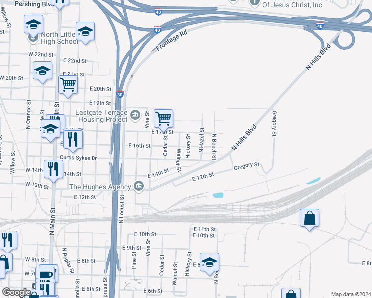 map of restaurants, bars, coffee shops, grocery stores, and more near 1021 Curtis Sykes Drive in Little Rock