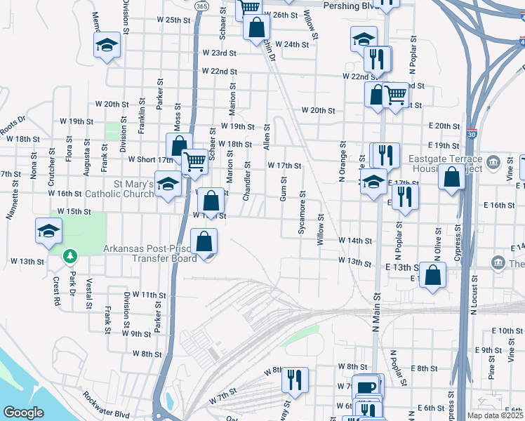 map of restaurants, bars, coffee shops, grocery stores, and more near 1500 Allen Street in North Little Rock