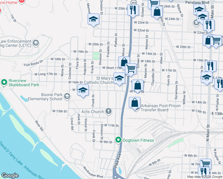 map of restaurants, bars, coffee shops, grocery stores, and more near 1418 Franklin Street in North Little Rock