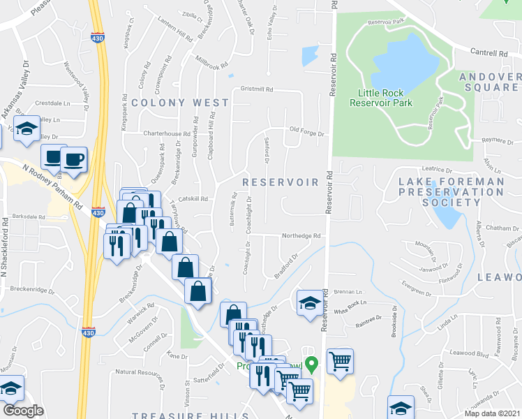 map of restaurants, bars, coffee shops, grocery stores, and more near 21 Coachlight Drive in Little Rock