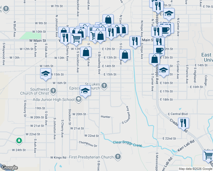 map of restaurants, bars, coffee shops, grocery stores, and more near 110 East 17th Street in Ada