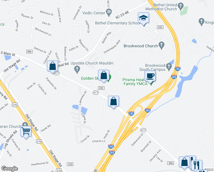 map of restaurants, bars, coffee shops, grocery stores, and more near 522 Huntingdale Place in Simpsonville