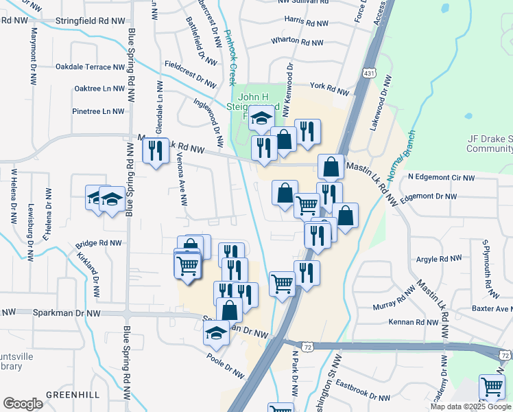 map of restaurants, bars, coffee shops, grocery stores, and more near 2214 Jonathan Drive Northwest in Huntsville